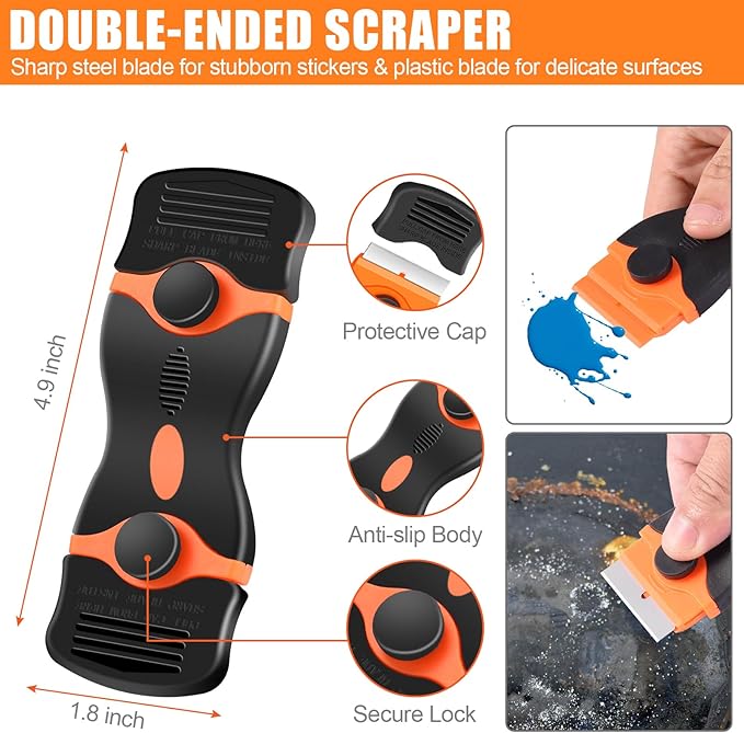 NECAMOCU 4 Pack Razor Blade Scraper, Premium Cleaning Scraper Tool with 50 PCS Metal & Plastic Razor Blades, Multi-Purpose Glass Scraper for Windows, Sticker, Decals, Cooktop, Paint Removal (Orange)