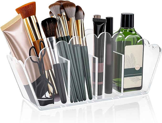 Scalloped Acrylic Pencil Holder – Clear Desk Organizer with 4 Compartments – Makeup Brush Holder & Remote Caddy for Office, Bathroom, Table – Party Accessory （4-Comp）