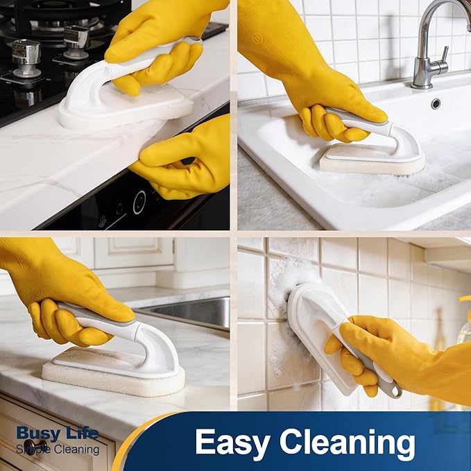 Yocada Handheld Cleaning Scrub Brush Set 2 Pack with Total 10 Hook-Shaped Scouring Pads Heavy Duty Cleaning Pads for Stubborn Stains Bathroom Kitchen Sink Tile Grout Clean