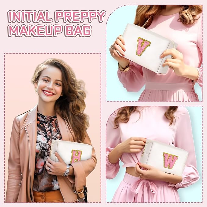 TOPEAST Preppy Stuff Cute Makeup Bag Small Cosmetic Bag Travel Toiletry Bag, Personalized Birthday Wedding Gifts for Mom Teacher Friends Bridesmaids, Preppy Travel Stuff for Girls (Pearly White N)