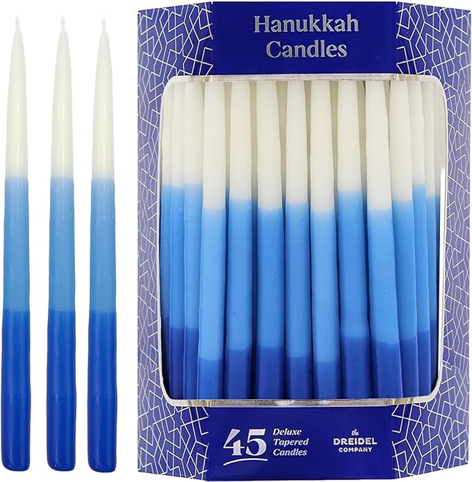 The Dreidel Company Premium 1-Hour Burn Time Tapered Hanukkah Menorah Candles Tri Color,Blue, and White, Candles for All 8 Nights of Chanukah