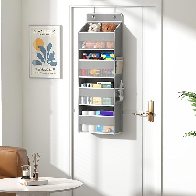 1 Pack 4-Tier Over the Door Organizer, Heavy-Duty Large Deep Pocket Hanging With 4 Large Front & 4 Side Pockets With for Pantry, Kitchen, Bathroom, Dorm, Grey