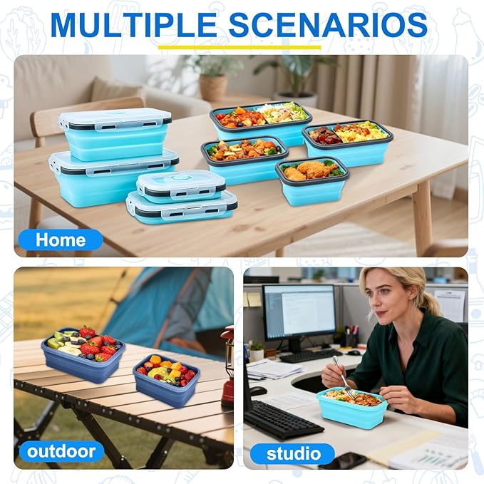 4 Set Collapsible Food Storage Containers Silicone Lunch Container with Lids Collapsible Lunch Box Food for Camper Leftovers Snacks Meals Dorm Kitchen Microwave Blue with Gray Edges
