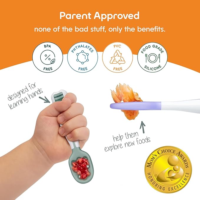NumNum Baby Spoons Set, Baby Essentials Pre-Spoon GOOtensils for 6+ Months, First Stage Self-Feeding Spoons for Baby Led Weaning (BLW), Silicone Toddler Utensils, BPA-Free, 2 Pack Beige/Mauve