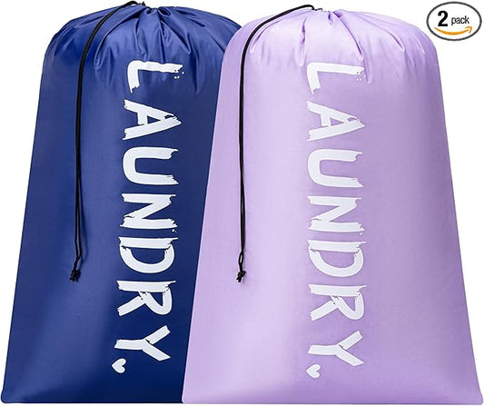 2 Pack XL Travel Laundry Bag, Machine Washable Dirty Clothes Organizer with Drawstring, Large Enough to Hold 4 Loads of Laundry, Easy Fit a Laundry Hamper or Basket Travel Essentials 24" x 36"