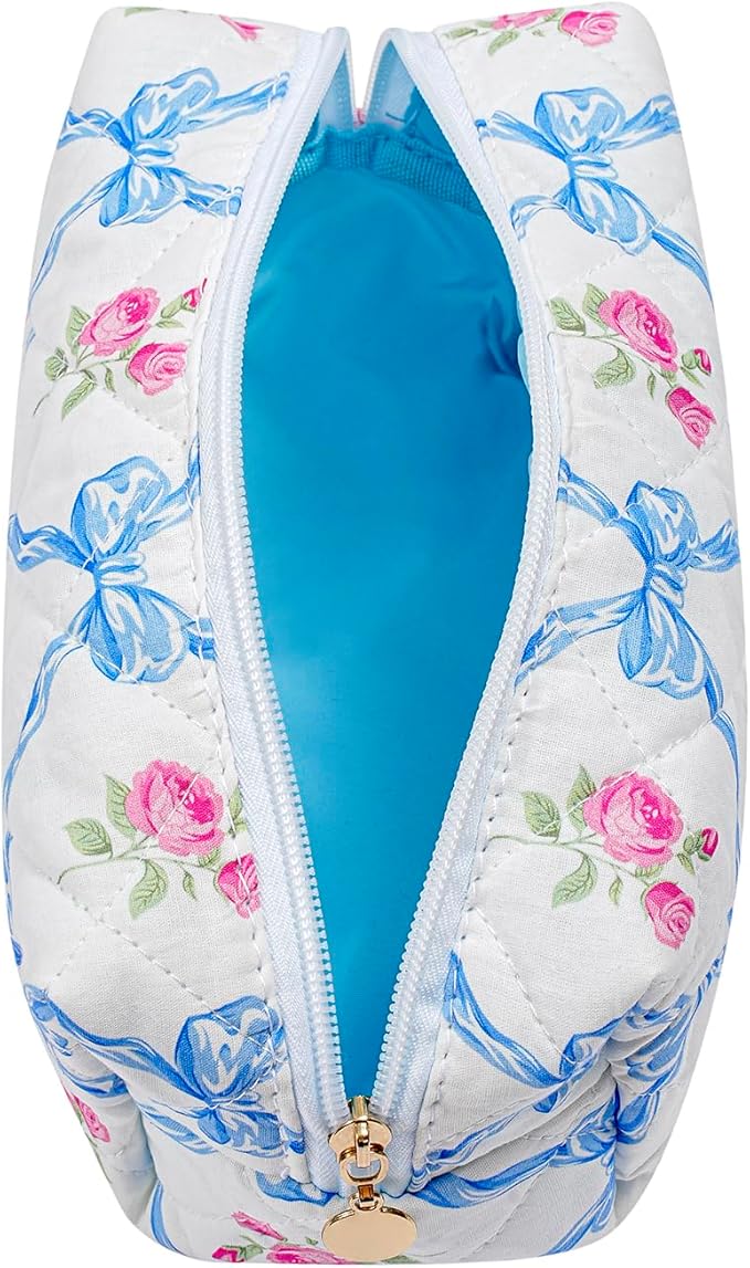 HHQQWZ Makeup Bag Travel Cosmetic Bag for Women Girls, Zipper Make Up Pouch, Floral Flowers Toiletry Organizer Makeup, Portable Storage Bag, Cosmetic Travel Cloth Bag (Blue Bowknot/Gold Zipper)