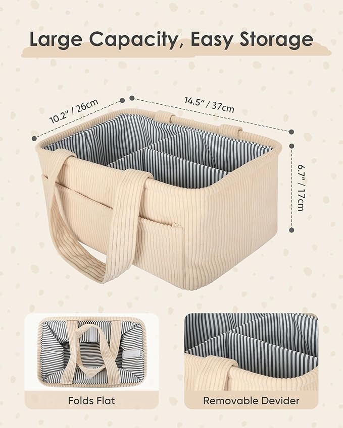 Baby Diaper Caddy Organizer – Nursery Storage Basket for Newborn Essentials, Car & Travel, Baby Shower Gifts and Registry Must-Have, Beige
