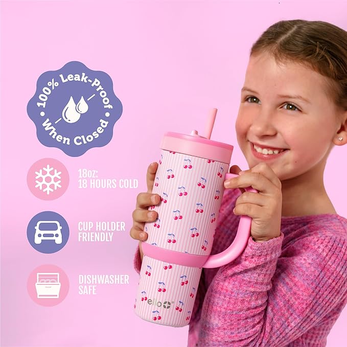 Ello Oasis 18oz Stainless Steel Kids Tumbler with Handle & Retracting Straw, 100% Leakproof, Double-Wall Vacuum Insulated, Kids Water Bottle for School, BPA Free, Dishwasher Safe, Preppy Cherries