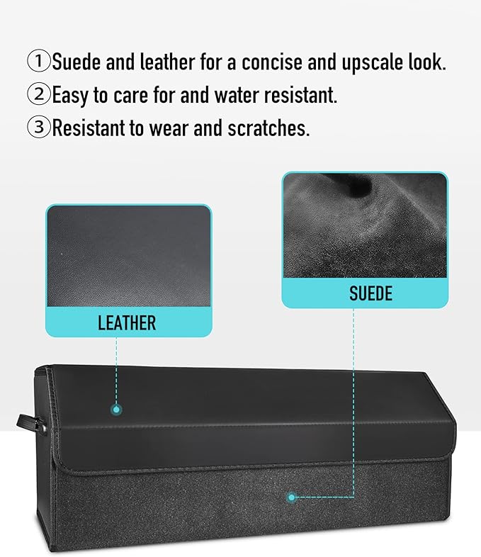 Fyzeoty Car Organizers for Trunk for SUV Sedan, Leather Storage Box, Extra Large, Magnetic Lid, Collapsible and Adjustable, S004, Black