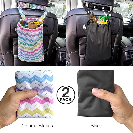 2 Pack Leakproof Car Trash Bags Detachable Waterproof Garbage Bags with Drawstring Hanging Organizer for Back Seat & Travel Black