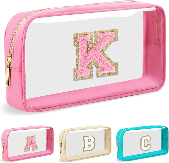 Personalized Initial Letter Clear Makeup Bag, Preppy Small Nylon & PVC Cosmetic Zipper Bag with Chenille Letter, Portable Beach Travel Skincare Toiletry Bag, Trendy Monogram Gift for Teen Girls Women, K