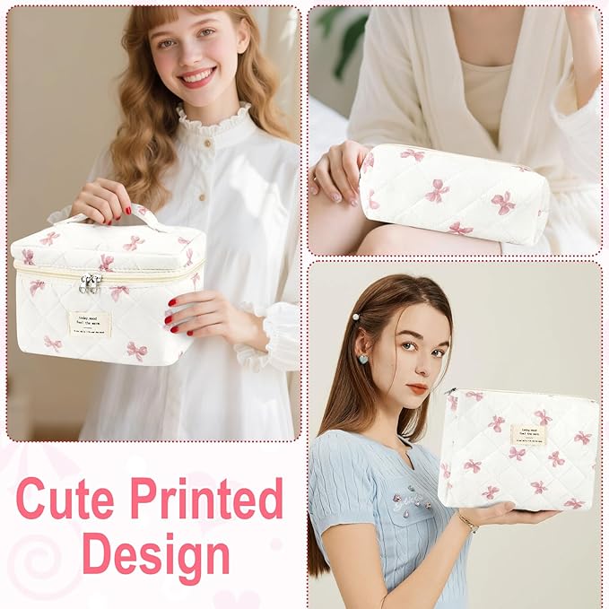 3Pcs Cotton Quilted Makeup Bag for Women Extra Large Coquette Small Floral Travel Cosmetic Bag Set Aesthetic Cute Bow Makeup Pouch Portable Toiletry Bag Puffy Essential Storage Organizer