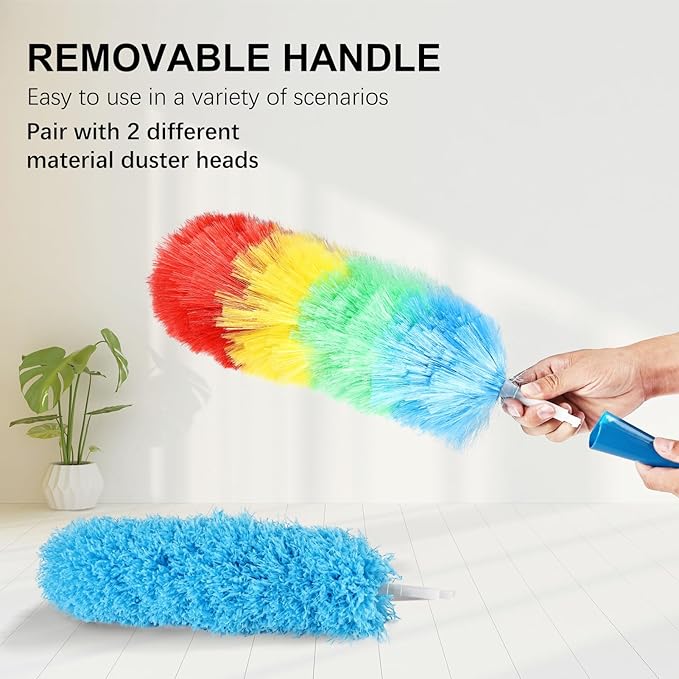 iHUFeather Rainbow Static Duster 24inch Reusable Microfiber Electrostatic Dusters with 2 Beandable and Washable Duster Head for Cleaning Home, Office, Car