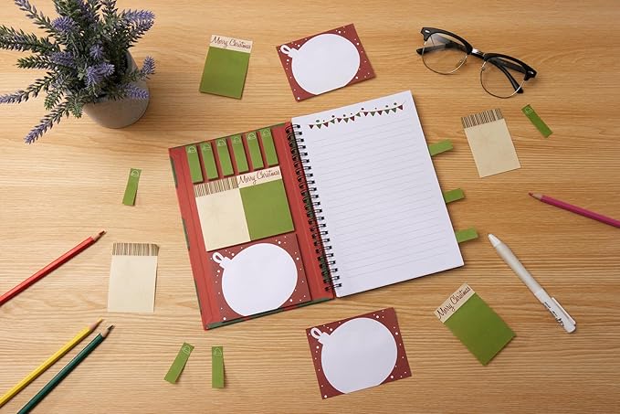 A5 Christmas Sticky Notebook,9 pads of decorated sticky notes and a handy notebook,Christmas Note Pads Teacher Appreciation Gift XMS Gift Writing Memo Pads School Office Supplies and Daily Life Organization (Ginger)
