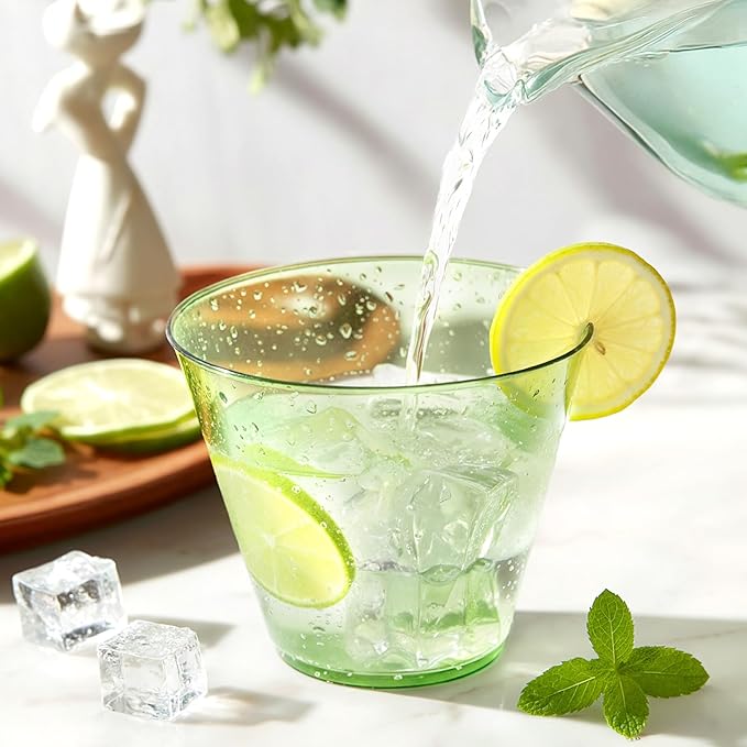 150 Pack Clear Plastic Cups 9 oz Green Plastic Cups for Cocktail Fancy Disposable Cup for Party Stemless Wine Glasses for Party Wedding Graduation