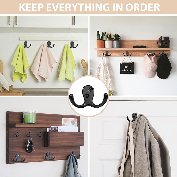 10 Pack Coat Hooks, Heavy Duty Double Prong Coat Hooks Wall Mounted with 20 Screws, No Rust Black Metal Wall Hooks for Hanging Towel, Coat, Bag, Hat, Cup, Key