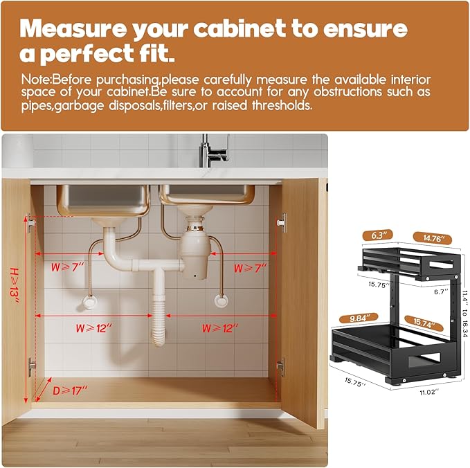 1-Pack Under Sink Organizers and Storage, 2-Tier L-Shape Pull Out Cabinet Organizer with Round Tube Slide Rails, Height Adjustable Slide Out Drawers for Kitchen & Bathroom, Multi-Purpose Storage Shelf - Black