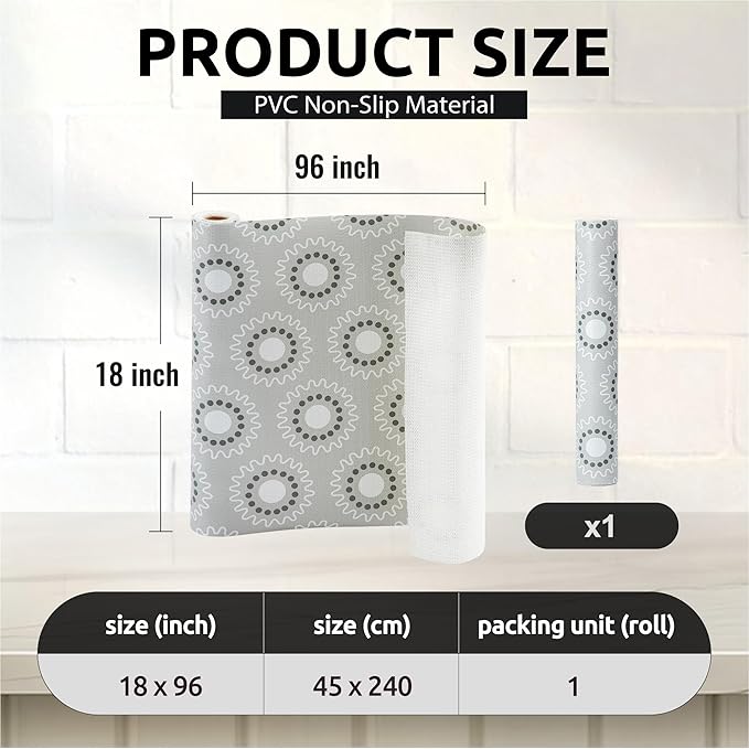 FIFTY FEET 18X96 Inch Shelf Liner for Kitchen Cabinets, PVC Drawer Liner for Dresser Non-Slip Bathroom, Non-Adhesive Cabinet Liner Washable (Grey Circle)(1 Roll)