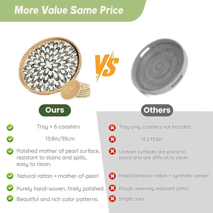 12" Large Rattan Serving Tray with Mother of Pearl, Decorative Coffee Table Trays for Home Decor, Large Wicker Woven Serving Tray Decor for Kitchen Counter,Living Room and Ottoman, Black1