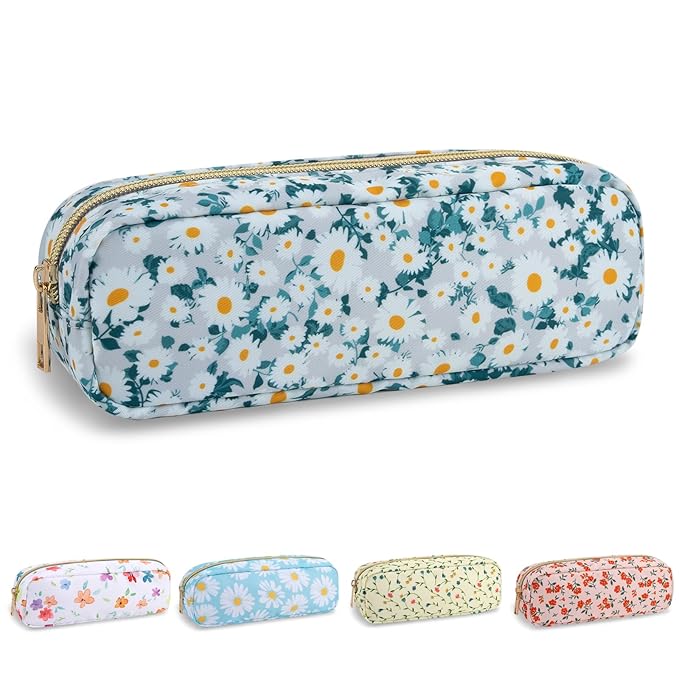 Waterproof Small Floral Pencil Case Makeup Bag for Purse,Cute Flower Pencil Pouch Preppy Nylon Makeup Brush Holder with Zipper,Girls Portable Storage Case for Work(Slim Green-Daisy)