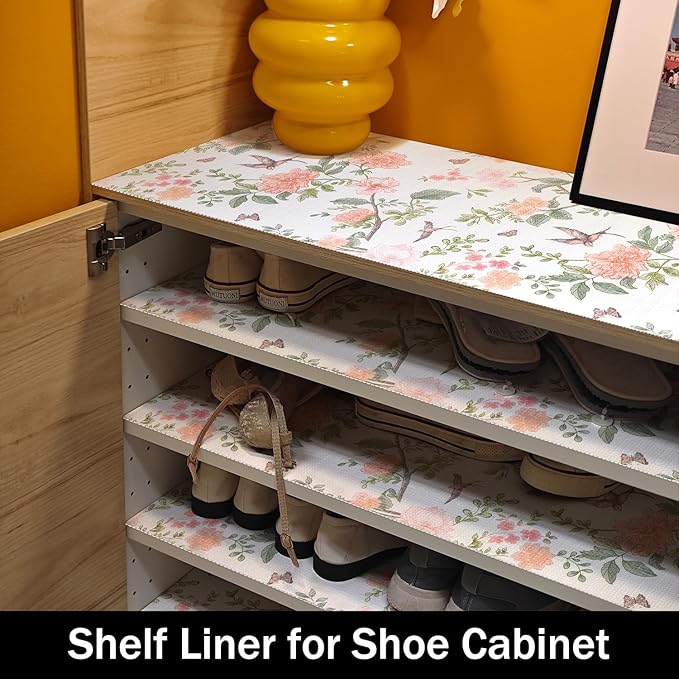 Bird Floral Shelf Liners Non Adhesive and Strong Non-Slip Shelf and Drawer Liners for Kitchen Cabinet Wire Fridge, Waterproof Shelf Drawer Liner,Easy to Clean,12IN x 10FT