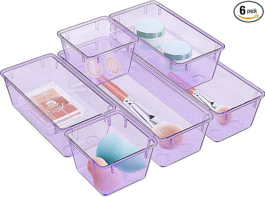 WOWBOX 6 Pack Clear Drawer Organizer Set, Acrylic Drawer Storage Trays, Storage Bins for Makeup, Cosmetics, Jewelries, Utensils, Gadgets, Office, Purple