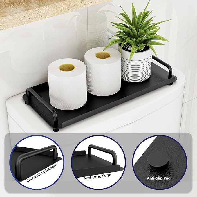 2 Pack Toilet Paper Storage, Toilet Tank Tray with Handle, Toilet Paper Basket for Bathroom, Toilet Tank, Kitchen (Black)