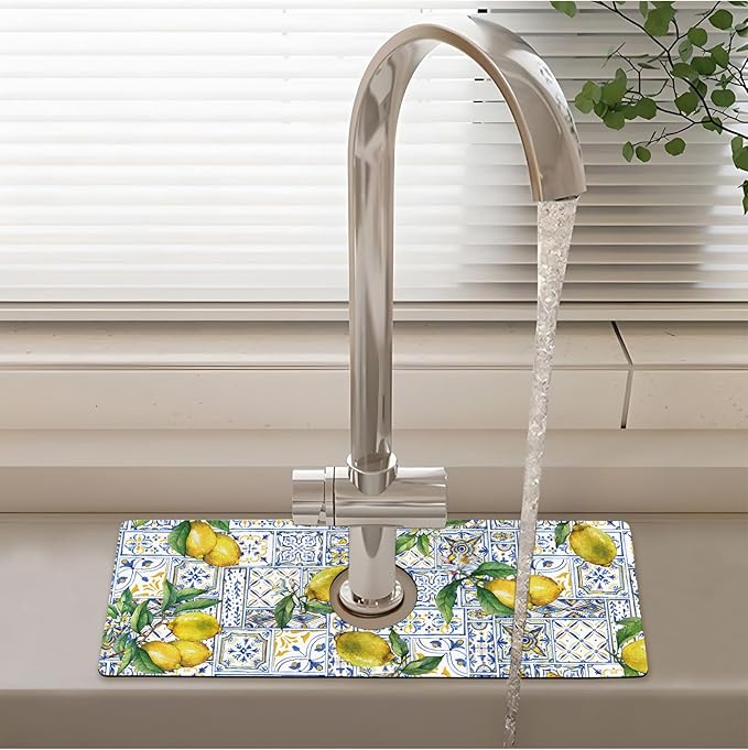 Patterned Sink Faucet Mat Kitchen Splash Guard Super Absorbent Drying Mat, Non-Slip Drain Pad for Kitchen Counter or Bathroom-15x5.5in
