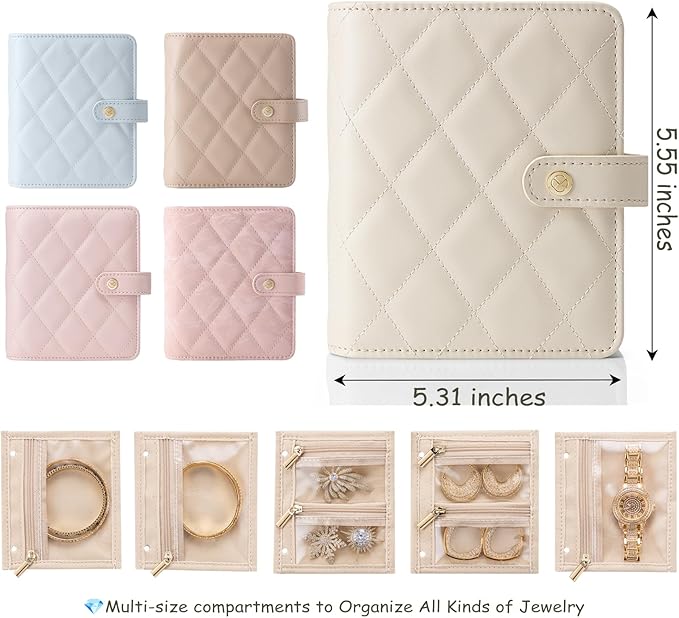 Vlando Small Jewelry Book Organizer - Leather Travel Jewelry Case with 5 Detachable Pages for Necklaces, Rings, Earrings, Tangle-Free, Giftable, Seashell Pink