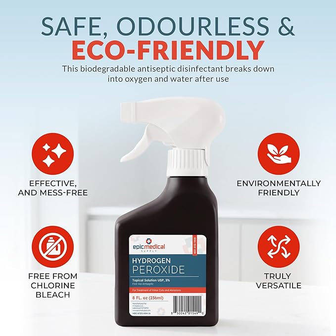 Epic Medical Supply Hydrogen Peroxide Spray 3% USP - First Aid Antiseptic for Cuts & Scrapes - Antiseptic Disinfectant Multi-Purpose Cleaner - 8oz / 236ml Trigger Spray Bottle (12 Bottles)