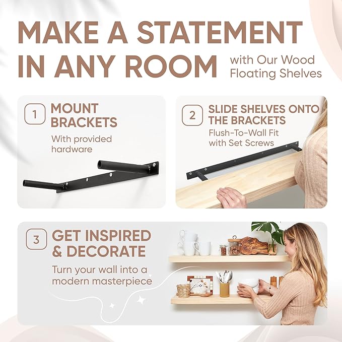 Homeforia 36 inch Wood Floating Shelves, High-End Solid Natural Wood 36-inch Large Floating Shelf Bathroom, Unfinished Wooden Floating Shelves for Wall, Heavy Duty Bracket, 36 X 6.5 X 1.75 in, Set of 3