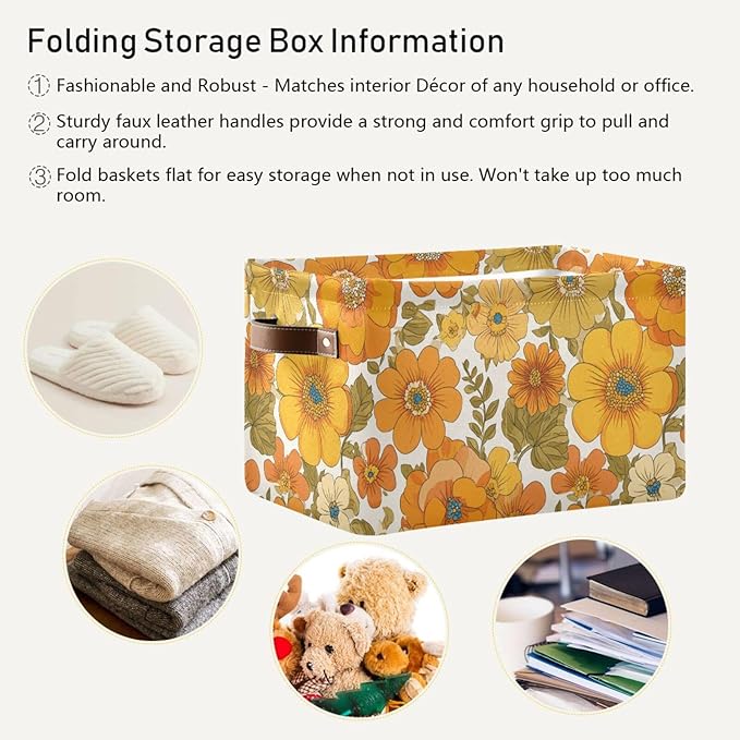 Aslsiy Storage Basket Vintage 70s Style Flowers Nursery Bins Baby Box Canvas Clothes Shelf Basket Laundry Hamper Gift Baskets for Home Closet 1 Pcs