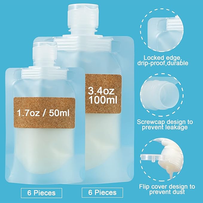 TailaiMei 12 Pieces Travel Pouches for Toiletries, TSA Approved Portable Travel Size, Refillable Stand Up Pouch for Shampoo/Conditioner/Lotion (1.7 & 3.4 oz)
