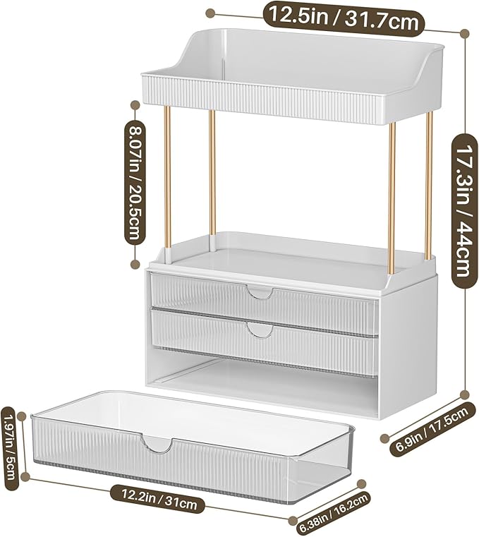 12.2" W Makeup Organizer Drawers - 5 Tiers Bathroom Counter Organizer, Cosmetic Storage Drawer for Dresser Countertop and Bathroom Vanity for Large Skincare, Perfume, Clear