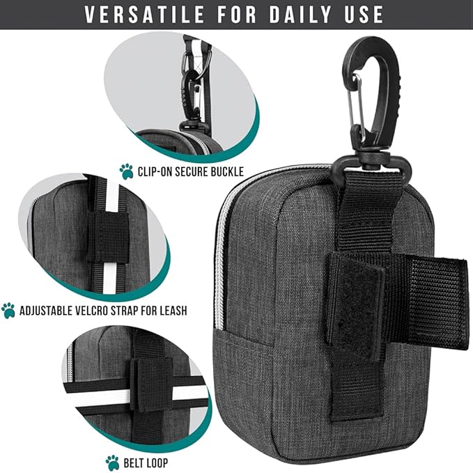 PetAmi Dog Poop Bag Holder for Leash, Dog Pet Waste Bag Dispenser For Poop With Clip, Doggy Puppy Walking Accessories Travel Camping, Dog Treat Pouch Supplies Must Have With Dog Bag Roll, Dark Gray