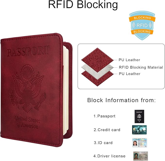 WALNEW Passport Holder for Travel, RFID Passport Cover Wallet for Women Men, PU Leather Passport Book Card Holder Case with Pen, Travelling Essentials for Flying