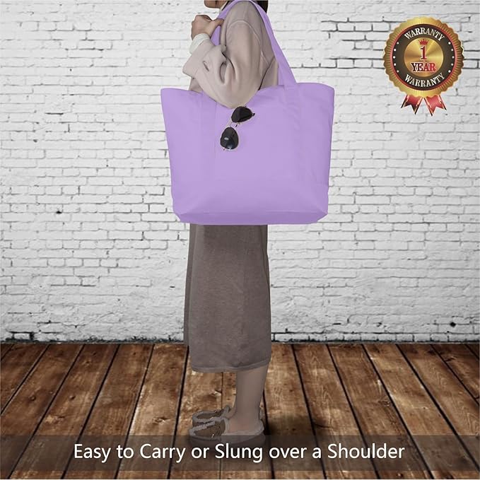 TOPDesign 1-Pack Canvas Tote Bag with an External Pocket, Reusable Grocery Shopping Bag, Top Zipper Closure, Daily Essentials (Lavender)