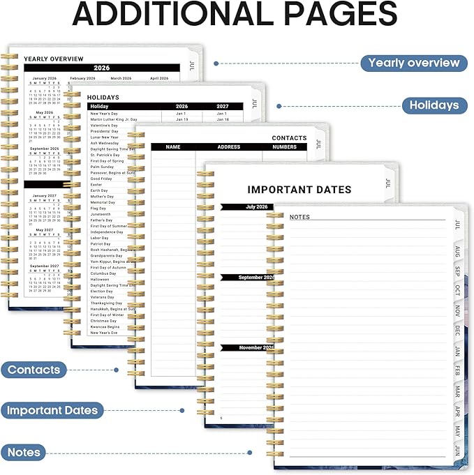 Planner 2026-2027, Academic Monthly and Weekly Calendar Planner for Women, July 2026 - June 2027, Hardcover Pretty Agenda Planner Book with Tabs, Spiral Daily Organizer for School Office Home Supplies, 6.3" x 8.5" - Distant Peaks