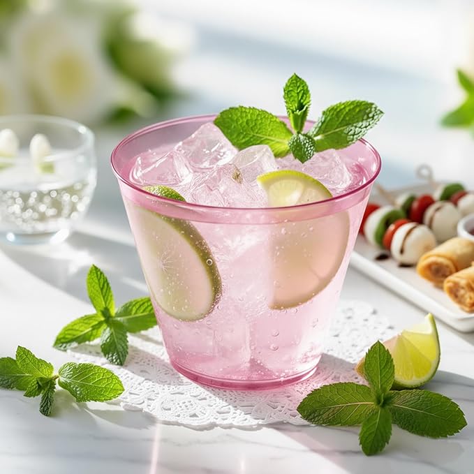 150 Pack Plastic Cups 9 oz Pink Clear Plastic Cups for Cocktail Fancy Disposable Cups for Party Stemless Wine Glasses for Birthday Wedding Graduation