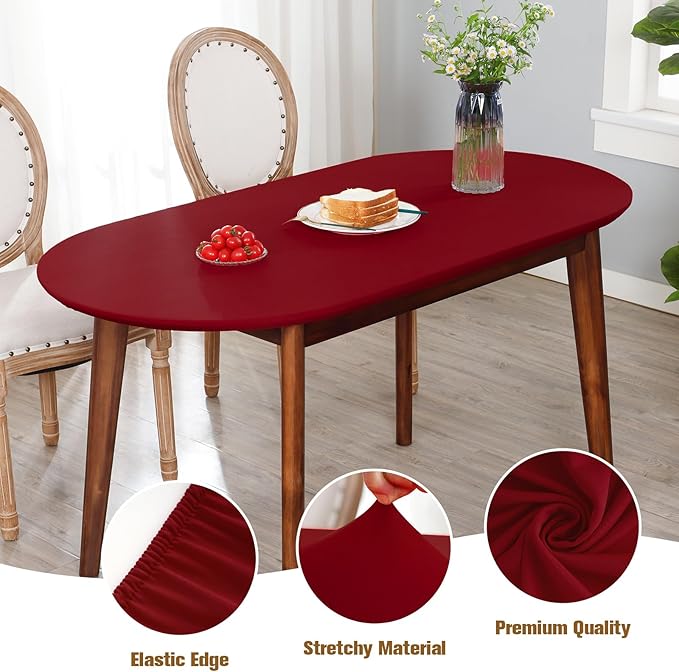 NEWISHER Fitted Oval Tablecloth 48 x 68 Inch Elastic Table Cloth, Stretch Spandex Table Cover Burgundy Washable Polyester Top Cap Cover for Dining Picnic Camping Indoor and Outdoor