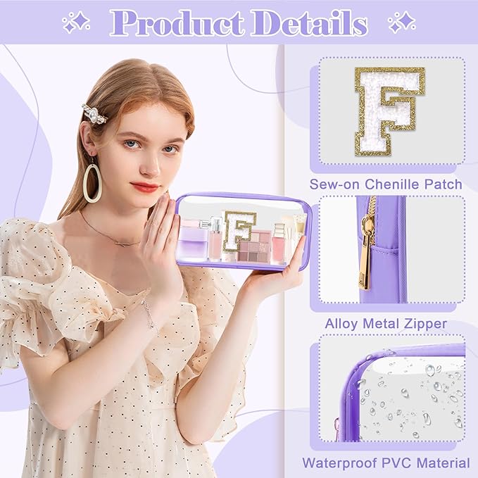 Personalized Initial Letter Clear Makeup Bag, Preppy Small Nylon&PVC Cosmetic Zipper Bag with Chenille Letter, Travel Skincare Toiletry Bag, Monogram Christmas Gift for Teen Girls Women, F