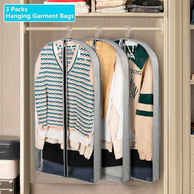 3 Pack 40" Garment Bags for Hanging Clothes Storage, Clear Suits Covers with 4" Gussets for Closet Storage Travel, Plastic Protector for Coat, Jacket, Sweater, Shirts