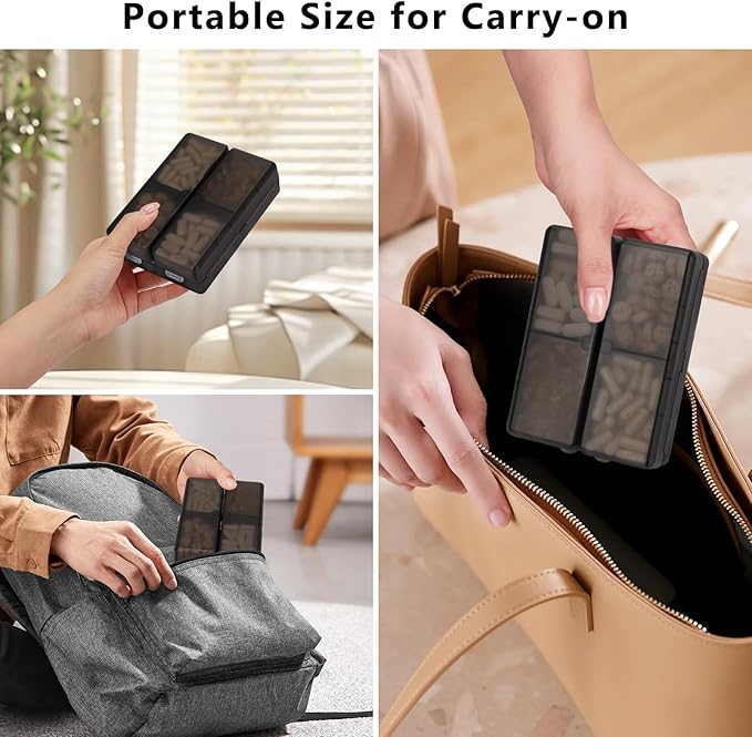 FYY 2 Pcs Daily Pill Organizer, 7 Compartments Portable Pill Case Travel Pill Organizer,[Folding Design]Pill Box for Purse Pocket to Hold Vitamins,Cod Liver Oil,Supplements and Medication-Clear Black