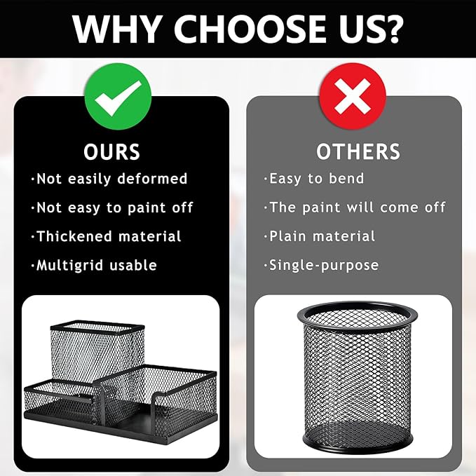 2 Pcs Metal Pen Organizer for Desk with 3 Compartments, Office Desktop Organizer Pencil Cup Caddy for Stationery Marker Storage School Home Supplies(Black，Silver (Black)