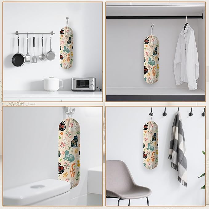 Plastic Bag Holder, Grocery Bag Organizer Storage, Kitchen Dispenser Holders Reusable Shopping with Adjustment Drawstring Closure for Kitchen Farmhouse Decor, Colorful Cat