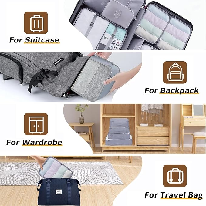 LANSKLBD 8 Set Packing Cubes for Suitcases Travel Luggage Packing Organizers,Travel Essentials Accessories Luggage Organizer with Shoe Bag Toiletry/Laundry Bag（Grey）