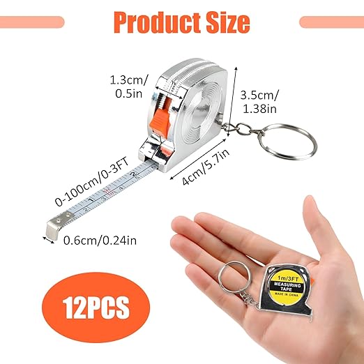 12 Pack 3ft Mini Tape Measure Keychain, Sliver Portable Retractable Small Tape Measure with Slide Lock, Construction Party Favors for Prize Bag Filler DIY Projects School Office Home Project Daily Use