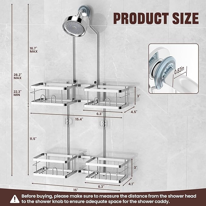 REINHARDT Adjustable Shower Caddy Hanging Rustproof Shower Caddy for Handheld Showerheads, Shower Organizer with Hooks Soap Holder, Anti-Swing Shower Rack Bathroom Accessories, Silver