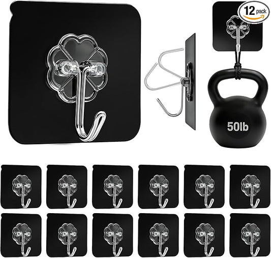 DDMY Black Heavy Duty Adhesive Hooks 2026 Upgraded 50lbs (Max) Sticky Wall Hooks for Hanging, 12 Pack, No Damage Hook, Strong Waterproof, for Bathroom, Kitchen, Shower, Ceiling, Office, and Outdoor Decor Hanger