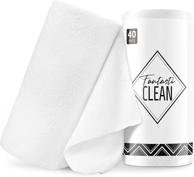 Fantasticlean Microfiber Cleaning Cloth Roll - 40 Pack, Tear Away Microfiber Towels, 12" x 12", Reusable, Washable, Scratch Free, Ultra Absorbent Dishcloth for All-Around Cleaning Supplies (White)